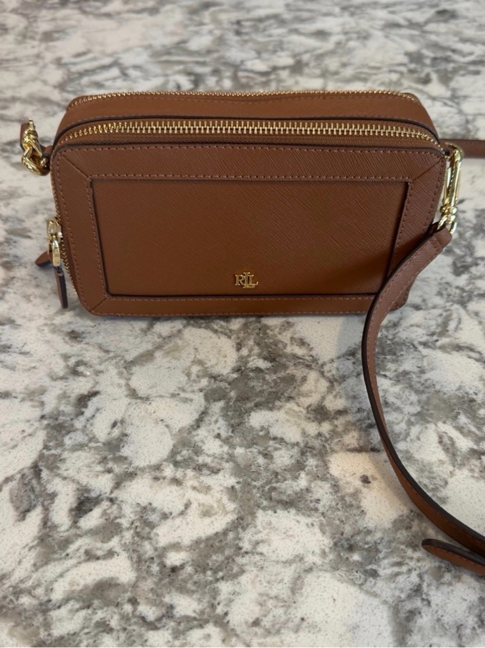 Ralph Lauren Tan Saffiano Leather Crossbody Camera Bag with Gold Hardware